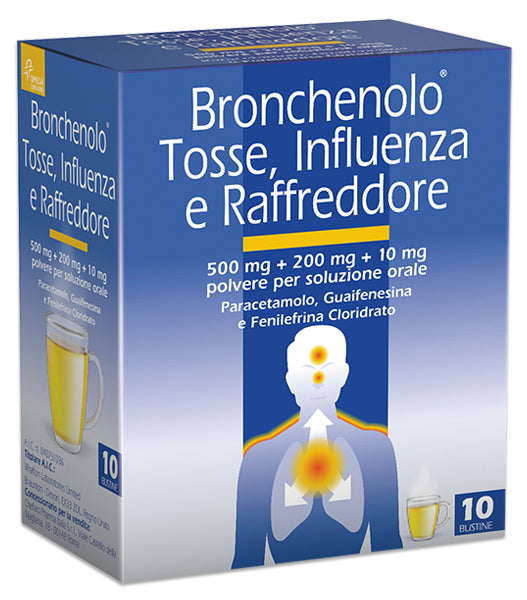 Bronchenolo tosse, influenza e raffreddore 500 mg + 200 mg + 10 mg polvere per soluzione orale